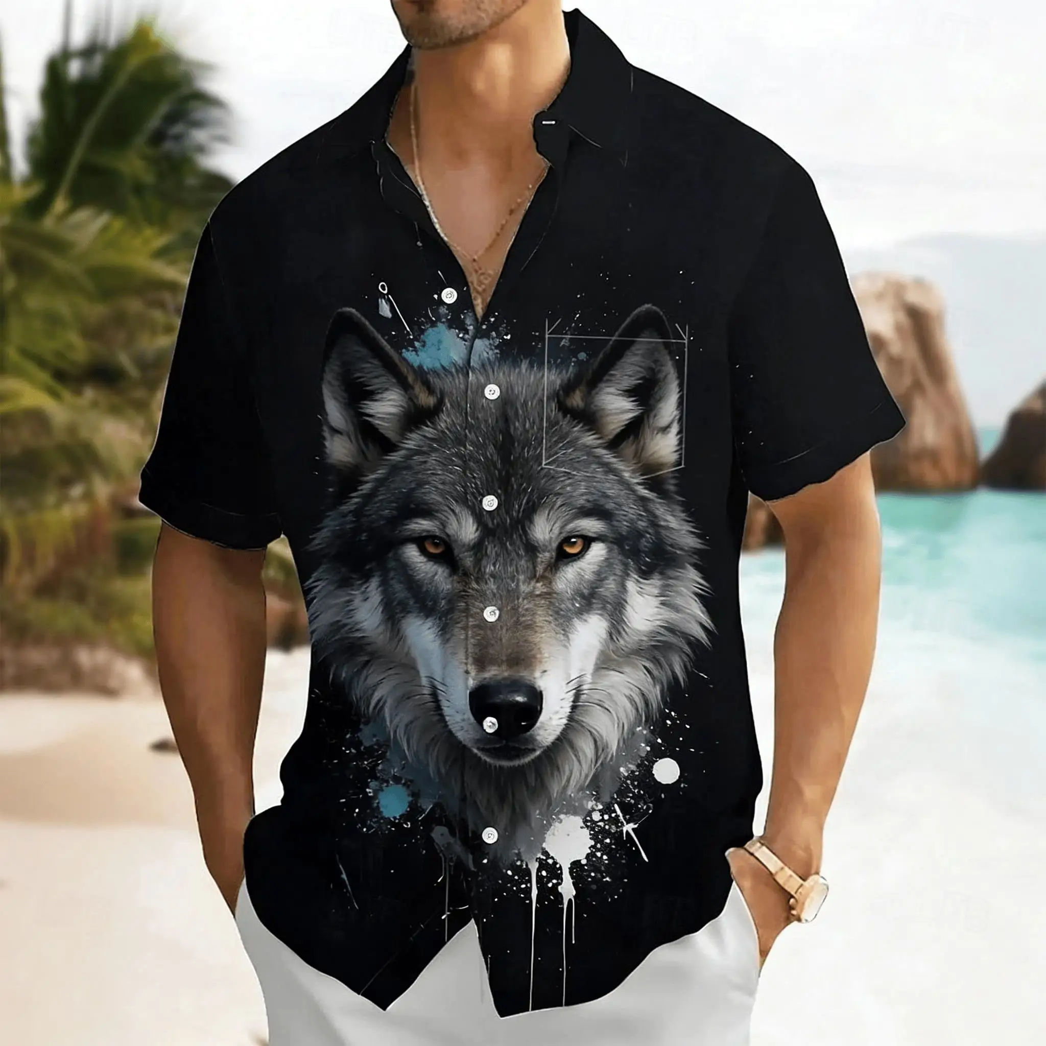 Men's Realistic Wolf Head Print Short Sleeve Shirt, Abstract Splatter Art Design Button Down for Spring Summer Casual
Men's Realistic Wolf Head Print Short Sleeve Shirt, Abstract Splatter Art Design Button Down for Spring Summer Casual