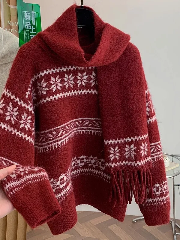 Christmas Theme Wine Red Fair Isle Sweater Women's Early Spring New Large Size Fat MM Scarf Shoulder Christmas Outfit Top
Christmas Theme Wine Red Fair Isle Sweater Women's Early Spring New Large Size Fat MM Scarf Shoulder Christmas Outfit Top