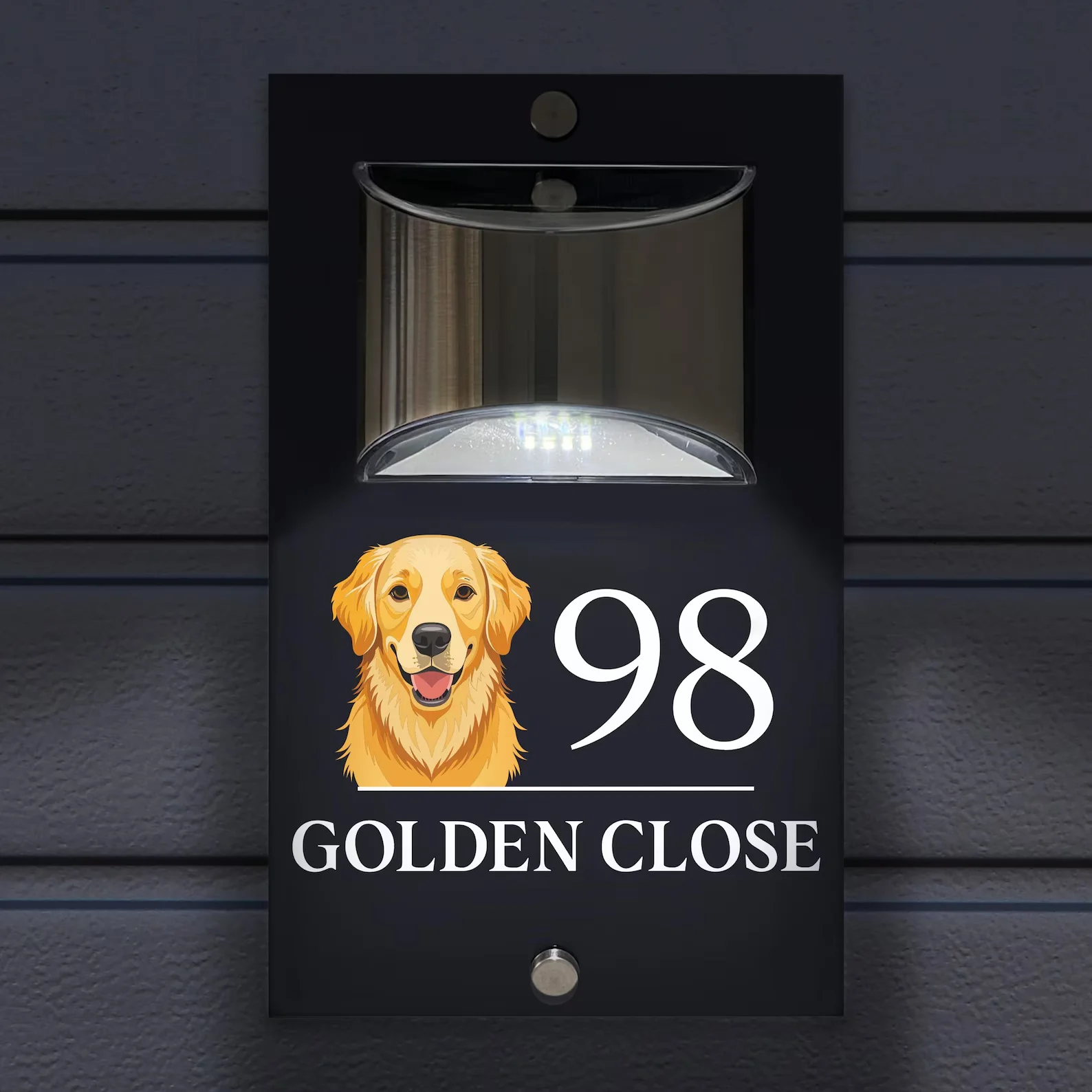 Custom Solar Illuminated House Number Sign Matte Black Acrylic Address Plaque Golden Retriever Dog Modern LED Outdoor Door Sign
Custom Solar Illuminated House Number Sign Matte Black Acrylic Address Plaque Golden Retriever Dog Modern LED Outdoor Door Sign