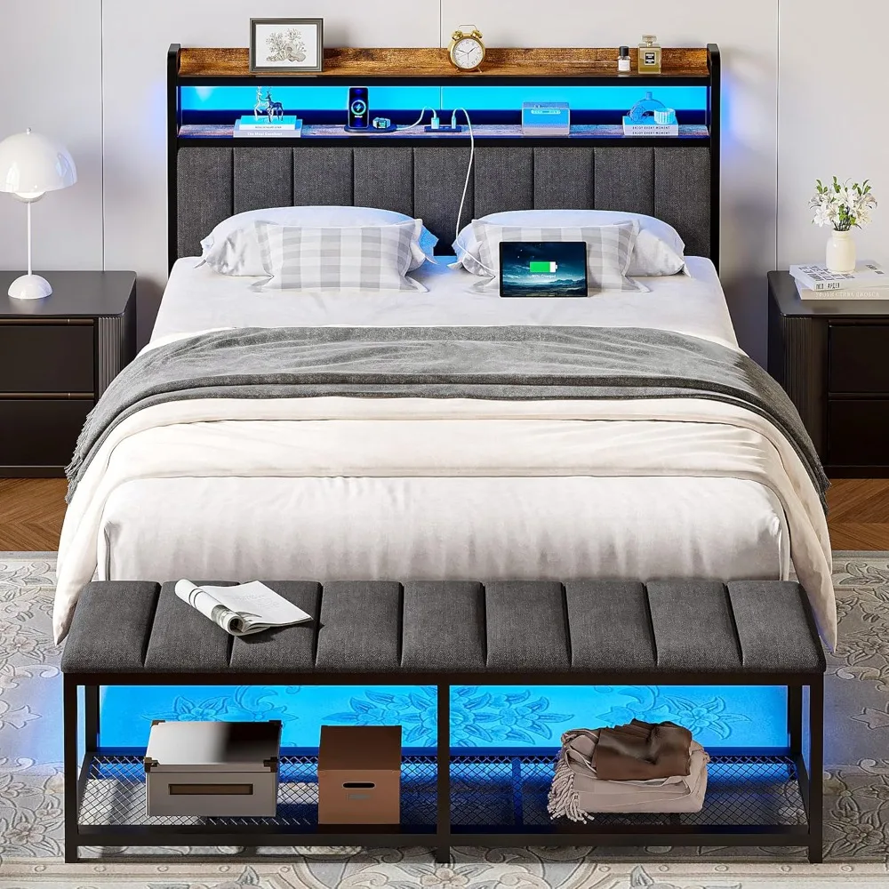 Large Bed Frame with LED Lights and Bench, Cushioned Headboard Bed Frame with Storage and USB Charging Station
Large Bed Frame with LED Lights and Bench, Cushioned Headboard Bed Frame with Storage and USB Charging Station