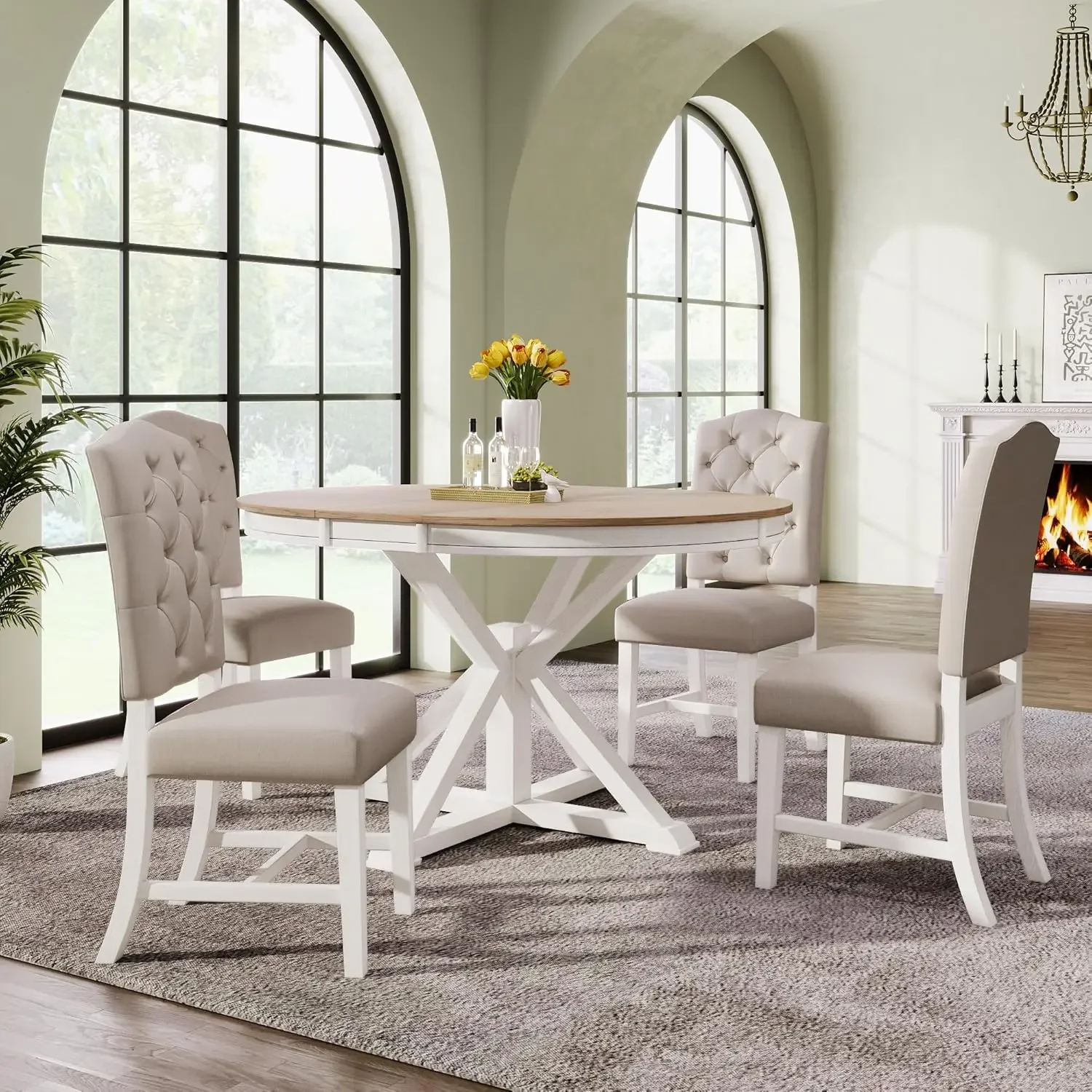 5 Piece Solid Wood Dining Table Set for 4 Farmhouse Extendable Round Kitchen Table Set with 4 Upholstered Chairs for Kitchen
5 Piece Solid Wood Dining Table Set for 4 Farmhouse Extendable Round Kitchen Table Set with 4 Upholstered Chairs for Kitchen