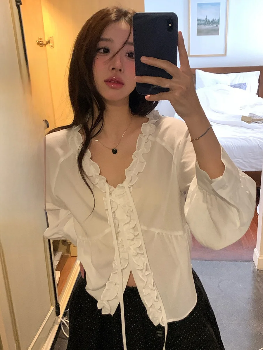 Sweet Style Long Sleeve Shirt with Bow Tie Thin Sun Protection Women's Clothing Earlet Hem Ruffle Design V Neck Lenzing Fabric
Sweet Style Long Sleeve Shirt with Bow Tie Thin Sun Protection Women's Clothing Earlet Hem Ruffle Design V Neck Lenzing Fabric