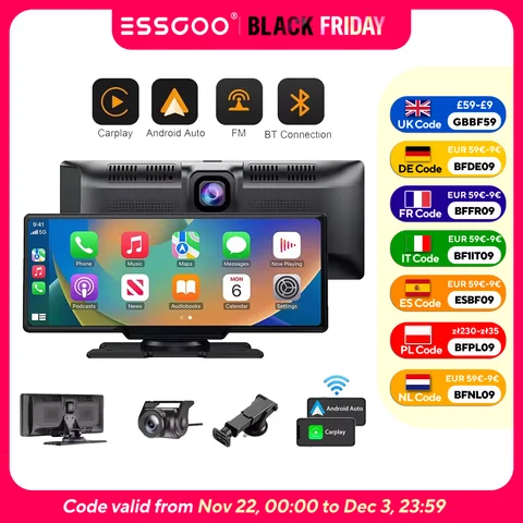 4K 10,26" Pantalla Táctil Cámara de Salpicadero de Coche Apple CarPlay Android Auto Inalámbrico Grabadora de Vídeo de Doble Lente Dash Cam DVR Para ISO Android