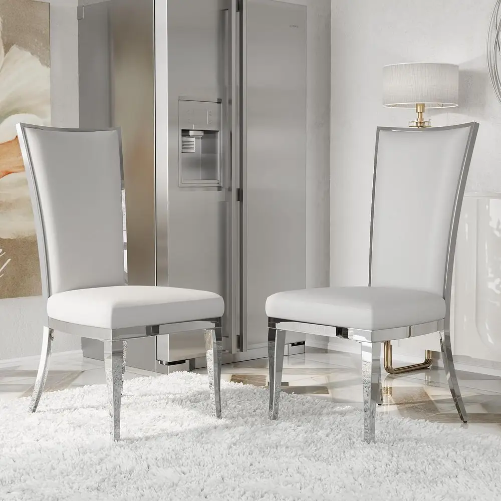 White and Silver Velvet High-Back Dining Chairs with Mirrored Legs, Set of 2
White and Silver Velvet High-Back Dining Chairs with Mirrored Legs, Set of 2