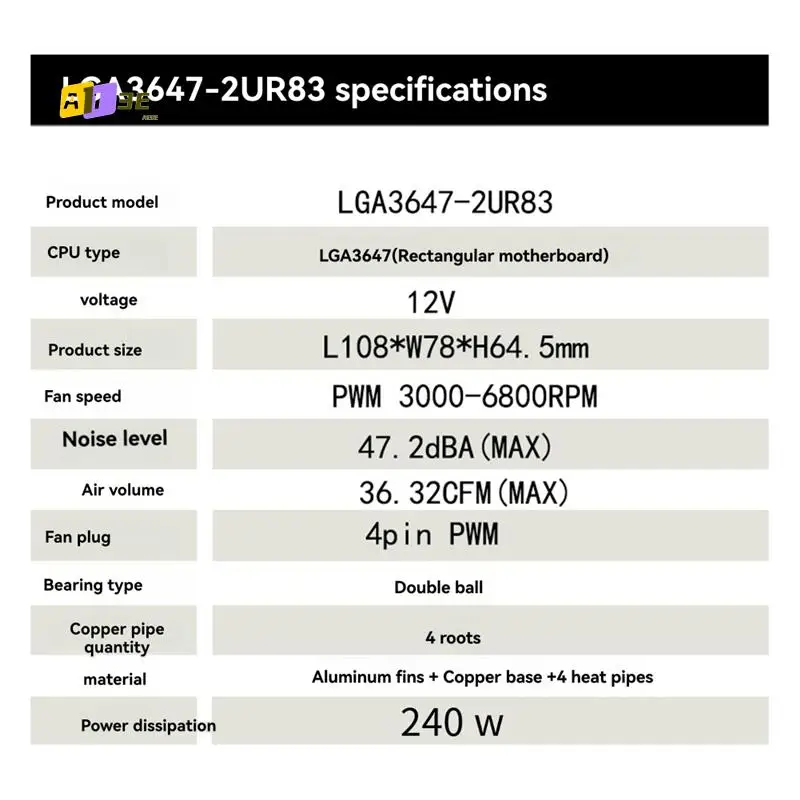 A13E-LGA3647-2U-R83 Cooler 240W For Lga 3647 Narrow Type Radiator 2U Heat Sink 4 Heat Pipe Side Blow Cooling Fan
A13E-LGA3647-2U-R83 Cooler 240W For Lga 3647 Narrow Type Radiator 2U Heat Sink 4 Heat Pipe Side Blow Cooling Fan