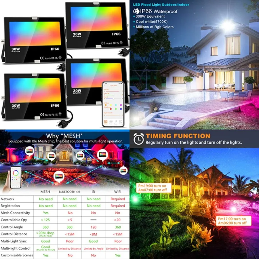 LED Flood Light Outdoor, 30W Equivalent 3000LM Smart RGB Landscape Lighting with APP Control, DIY Scenes - Timing - 5700K Dayli
LED Flood Light Outdoor, 30W Equivalent 3000LM Smart RGB Landscape Lighting with APP Control, DIY Scenes - Timing - 5700K Dayli