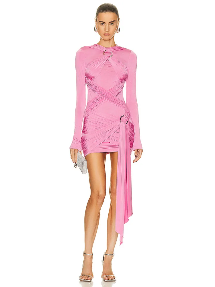 women's 2023 Autumn new Long Sleeve O-neck Draped Mini Dress Sexy Pink Crossed Rings Slim Evening Party Runway Dresses
women's 2023 Autumn new Long Sleeve O-neck Draped Mini Dress Sexy Pink Crossed Rings Slim Evening Party Runway Dresses