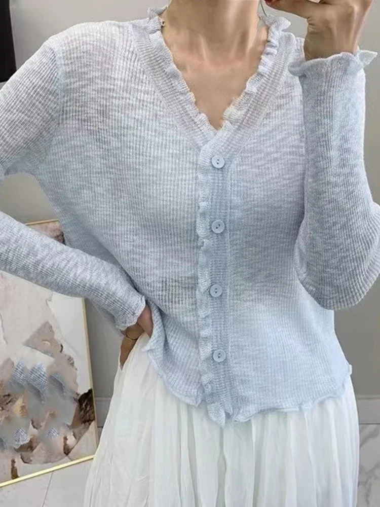 Корейский кардиган Sueter Mujer с рюшами, женская одежда, новый солнцезащитный однотонный свитер с v-образным вырезом, модные вязаные куртки
Корейский кардиган Sueter Mujer с рюшами, женская одежда, новый солнцезащитный однотонный свитер с v-образным вырезом, модные вязаные куртки