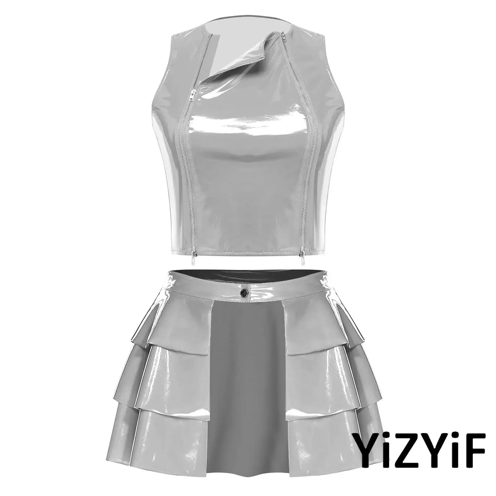 Women PU Leather Clubwear Set Glossy Front Dual Zip Sleeveless Crop Vest with Miniskirt Elegant Disco Jazz Party Dance Costume
Women PU Leather Clubwear Set Glossy Front Dual Zip Sleeveless Crop Vest with Miniskirt Elegant Disco Jazz Party Dance Costume