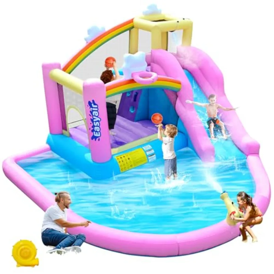 Backyard inflatable bounce house water slide combo: PVC, blue and yellow, includes climbing wall, basketball hoop, splash pool,
Backyard inflatable bounce house water slide combo: PVC, blue and yellow, includes climbing wall, basketball hoop, splash pool,