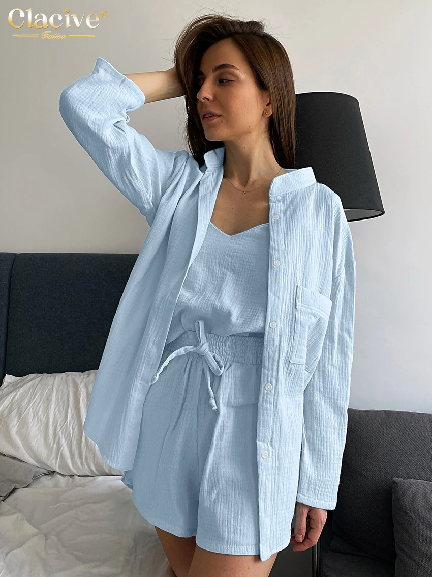 Clacive Casual Loose Blue Cotton 3 Piece Sets Woman Outfit 2025 Elegant Long Sleeve Shirt + Tank Top With High Waist Shorts Set
Clacive Casual Loose Blue Cotton 3 Piece Sets Woman Outfit 2025 Elegant Long Sleeve Shirt + Tank Top With High Waist Shorts Set