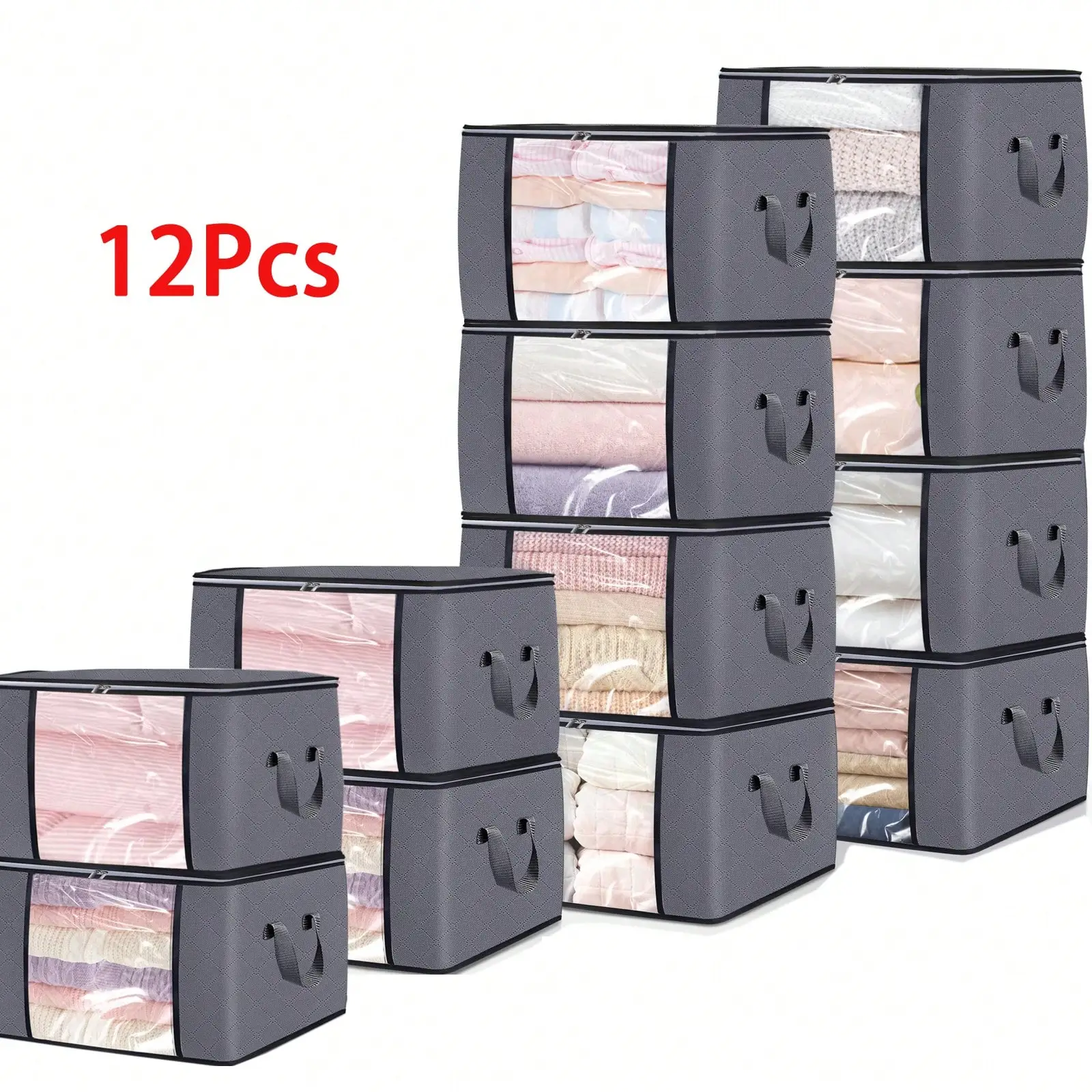 12Pcs 90L Large Capacity Foldable Storage Bags, Thick Fabric Clothes Organizer With Clear Window, Zipper Reinforced Handle Dustproof Storage Totes For Bedding Blanket Comforter Bedroom Closet Home
12Pcs 90L Large Capacity Foldable Storage Bags, Thick Fabric Clothes Organizer With Clear Window, Zipper Reinforced Handle Dustproof Storage Totes For Bedding Blanket Comforter Bedroom Closet Home