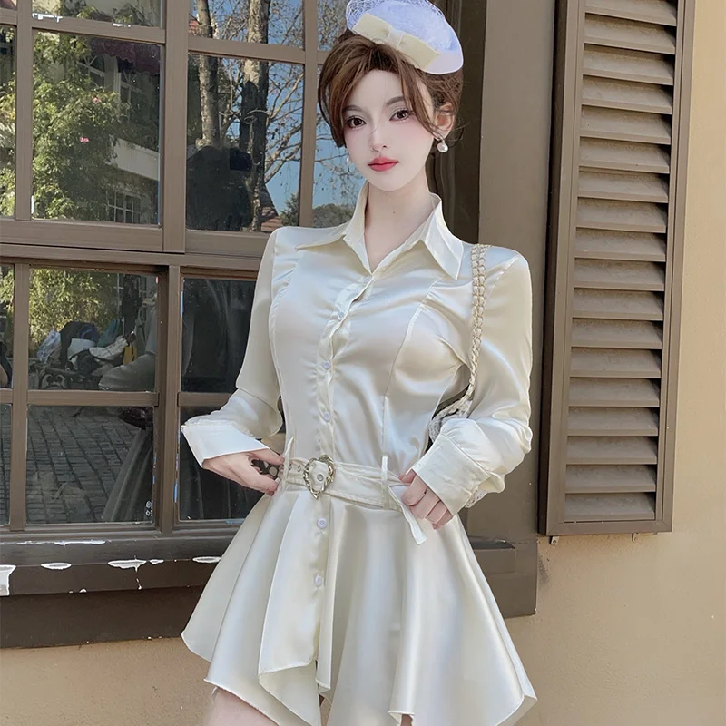 Elegant Satin Acetate Short Shirt Dress Women's Asymmetrical Hemline Design Waist-Cinching Pleated Dress City Commute Wear
Elegant Satin Acetate Short Shirt Dress Women's Asymmetrical Hemline Design Waist-Cinching Pleated Dress City Commute Wear
