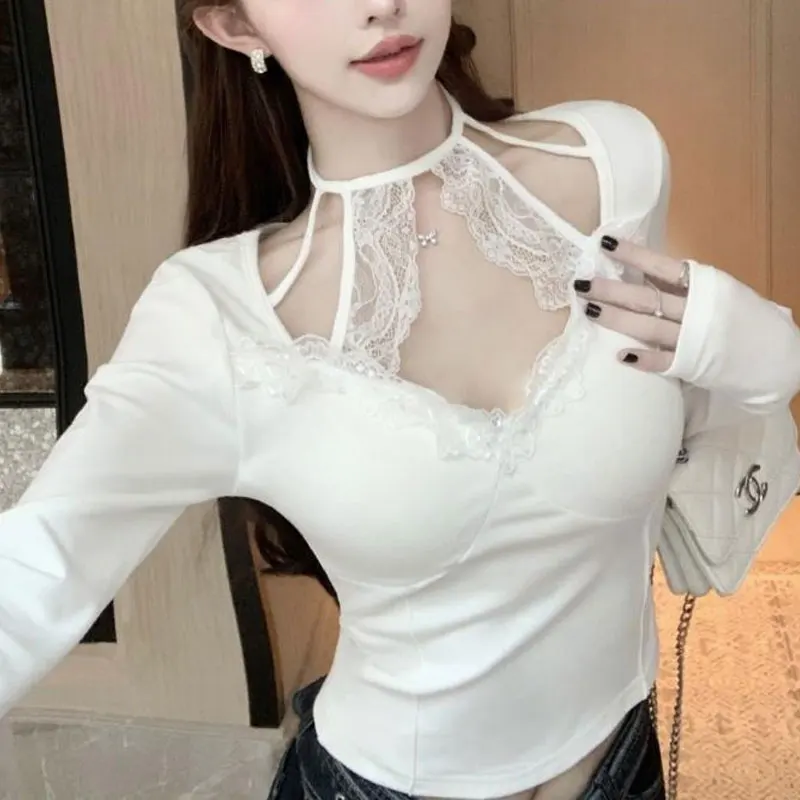 Fashionable Halter Lace Spliced Pullovers Autumn V-Neck Sexy Slim Female Clothing Solid Color Basic Casual Long Sleeve T-shirts
Fashionable Halter Lace Spliced Pullovers Autumn V-Neck Sexy Slim Female Clothing Solid Color Basic Casual Long Sleeve T-shirts