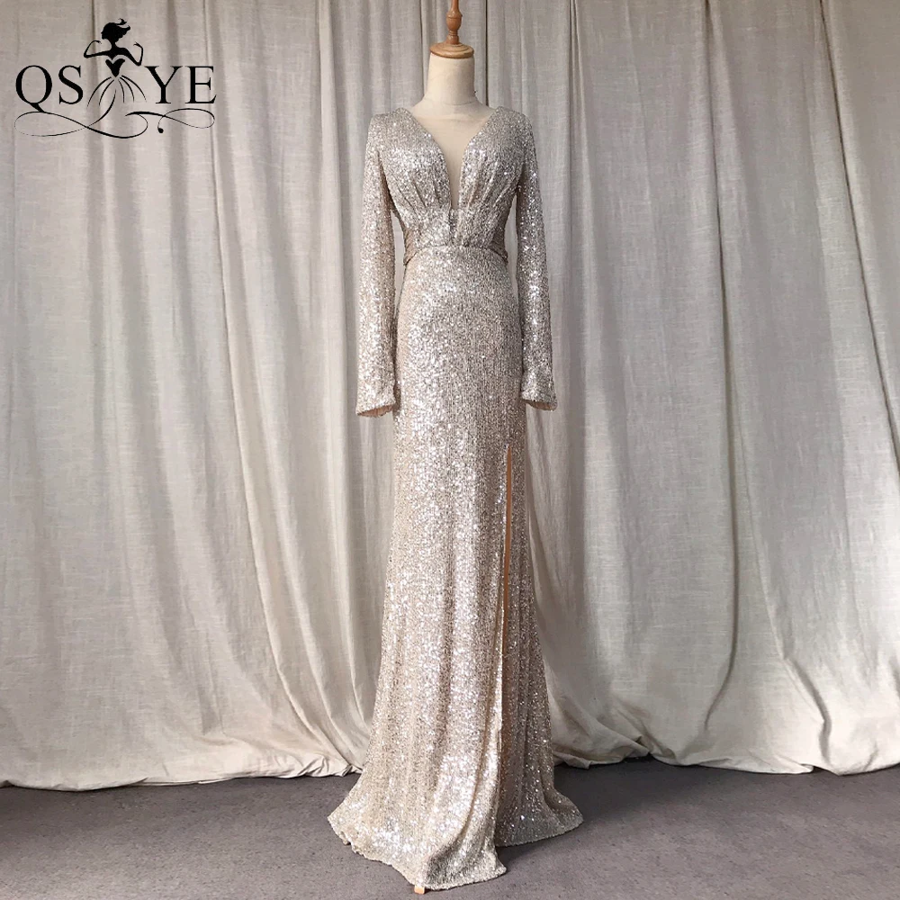Long Sleeves Silver Prom Dresses Sequin Mermaid Party Gown Ruched Scoop Neck Woman Formal Sexy Split Elegant Long Evening Dress
Long Sleeves Silver Prom Dresses Sequin Mermaid Party Gown Ruched Scoop Neck Woman Formal Sexy Split Elegant Long Evening Dress