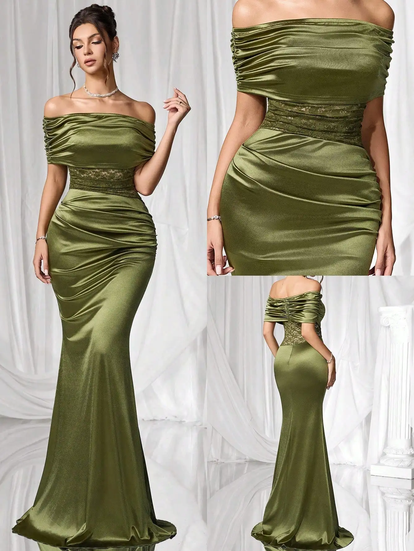 Olive Green Satin Off-Shoulder Fishtail Evening Gown with Lace Waist
Olive Green Satin Off-Shoulder Fishtail Evening Gown with Lace Waist