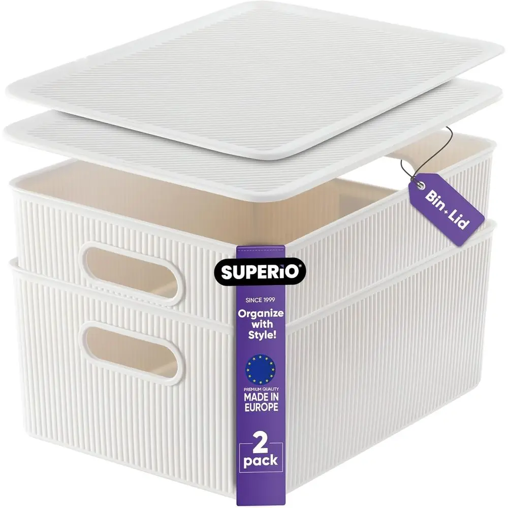 Ribbed Collection - Decorative Plastic Basket Lidded Home Storage Bins Organizer, Large White Smoke (2 Pack - 15 Liter) Stackabl
Ribbed Collection - Decorative Plastic Basket Lidded Home Storage Bins Organizer, Large White Smoke (2 Pack - 15 Liter) Stackabl