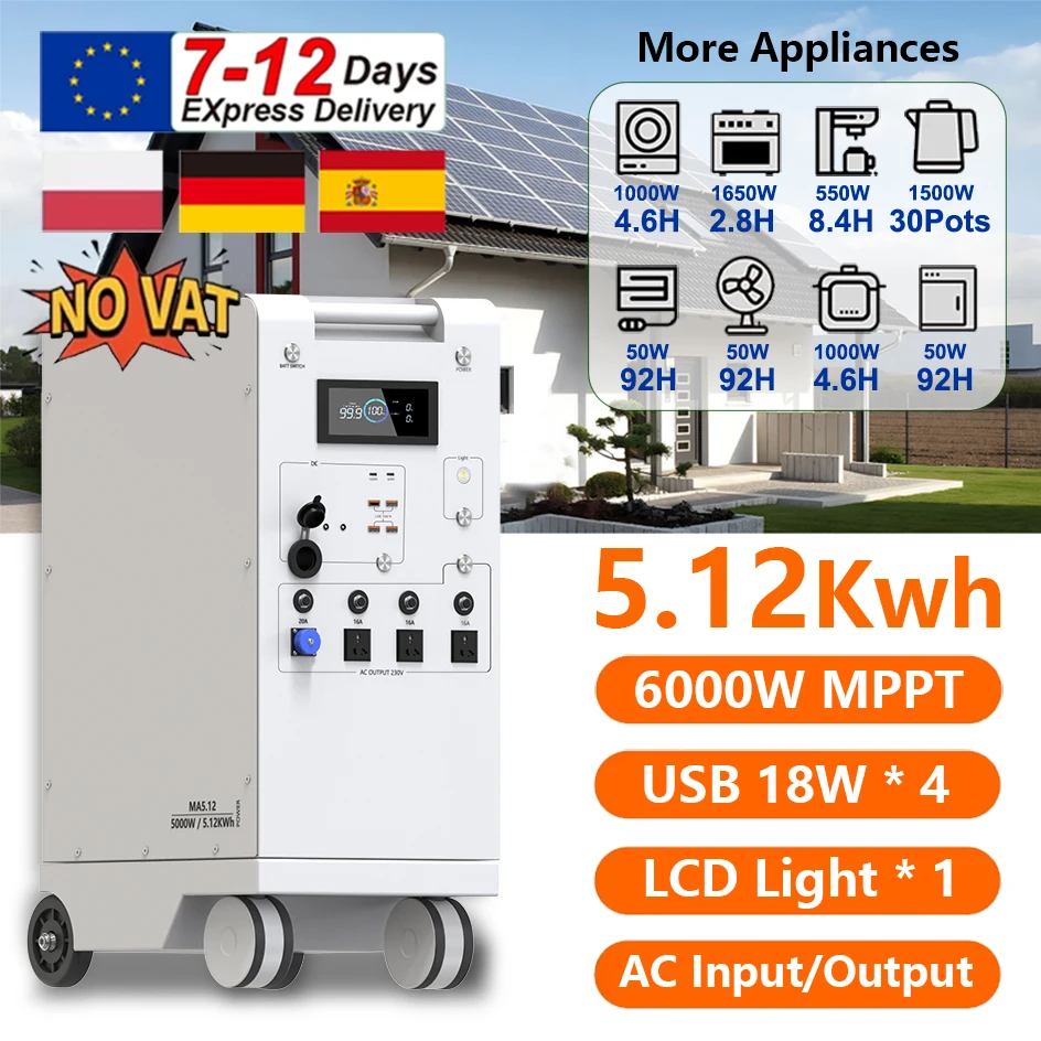 NEW 5000W Portable Power Station ALL IN ONE 48V 5Kwh 6000W MPPT With Lighting USB*4 Type C*2 EU AC Input/Output PV Inupt
NEW 5000W Portable Power Station ALL IN ONE 48V 5Kwh 6000W MPPT With Lighting USB*4 Type C*2 EU AC Input/Output PV Inupt