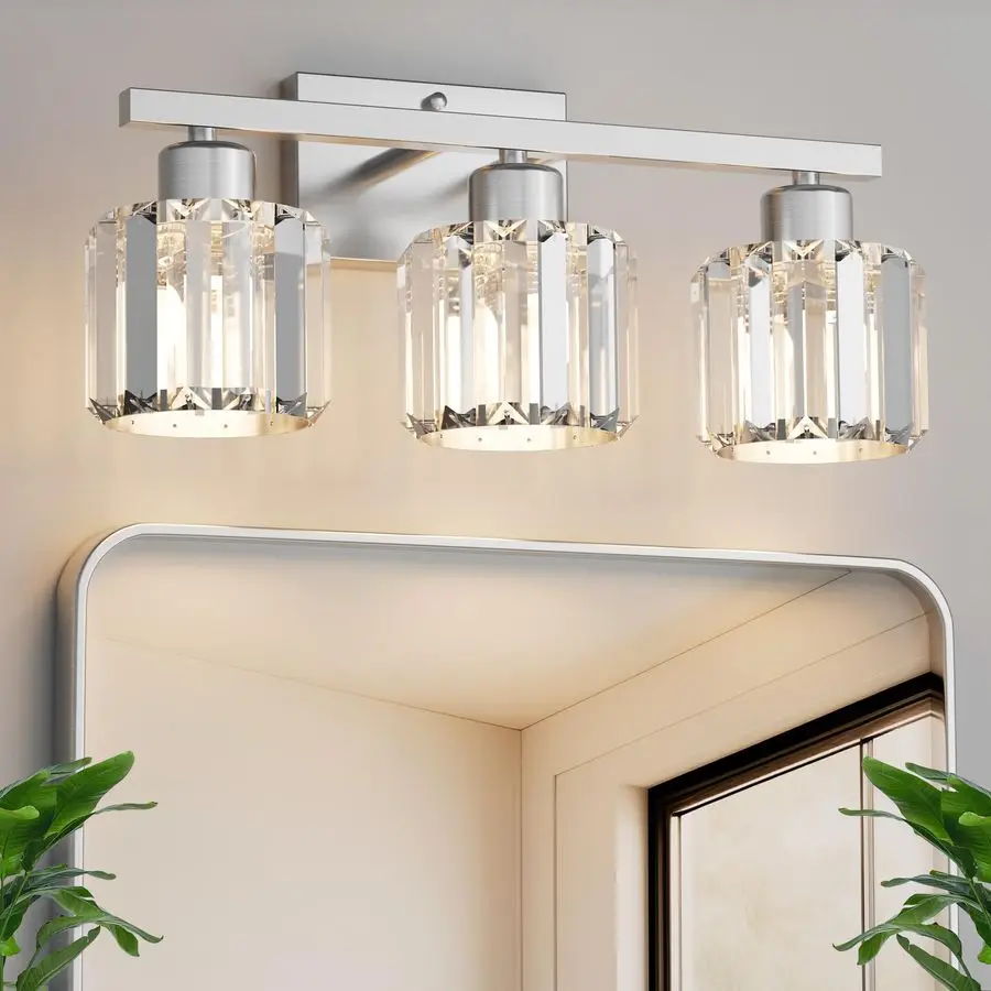3Light Bathroom Light Fixtures Over Mirror, Brushed Nickel Crystal Wall Sconce with E26 Base for Mirror Kitchen Living Room Bath
3Light Bathroom Light Fixtures Over Mirror, Brushed Nickel Crystal Wall Sconce with E26 Base for Mirror Kitchen Living Room Bath