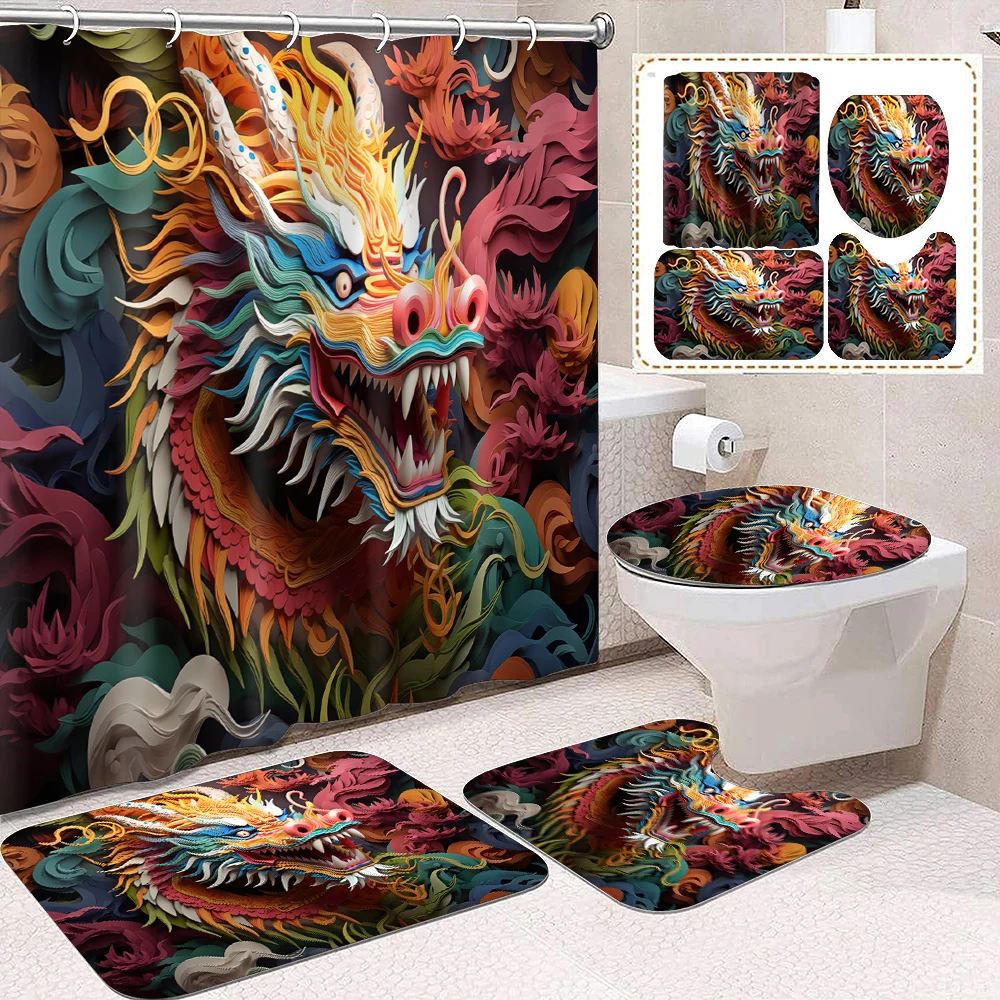 1 set of colorful imitation relief dragon head printed shower curtains, summer style, with 12 hooks and bathroom floor mats
1 set of colorful imitation relief dragon head printed shower curtains, summer style, with 12 hooks and bathroom floor mats