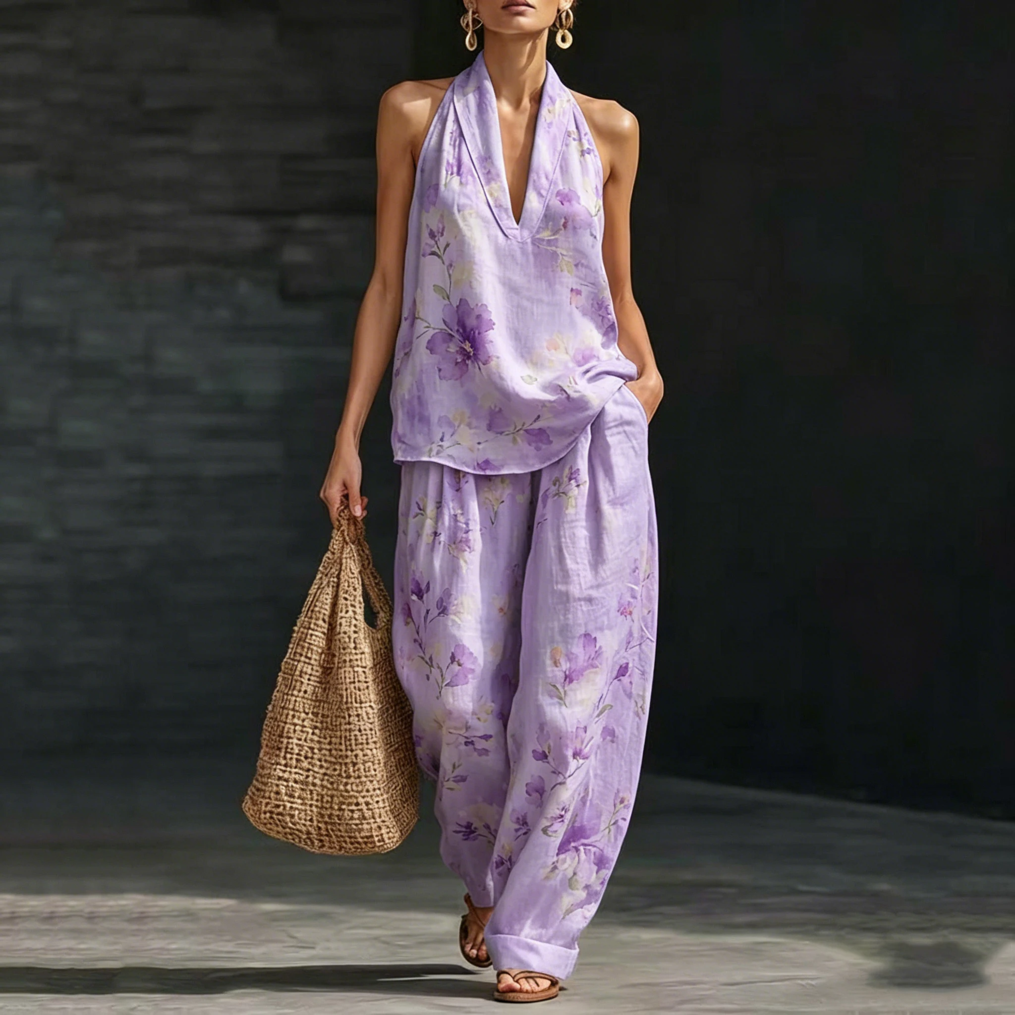Flower Print Women Two Piece Sets Outfits Summer Fashion Halter Neck Sleeveless V-Neck Tank Top & Loose Wide Leg Pants Set
Flower Print Women Two Piece Sets Outfits Summer Fashion Halter Neck Sleeveless V-Neck Tank Top & Loose Wide Leg Pants Set