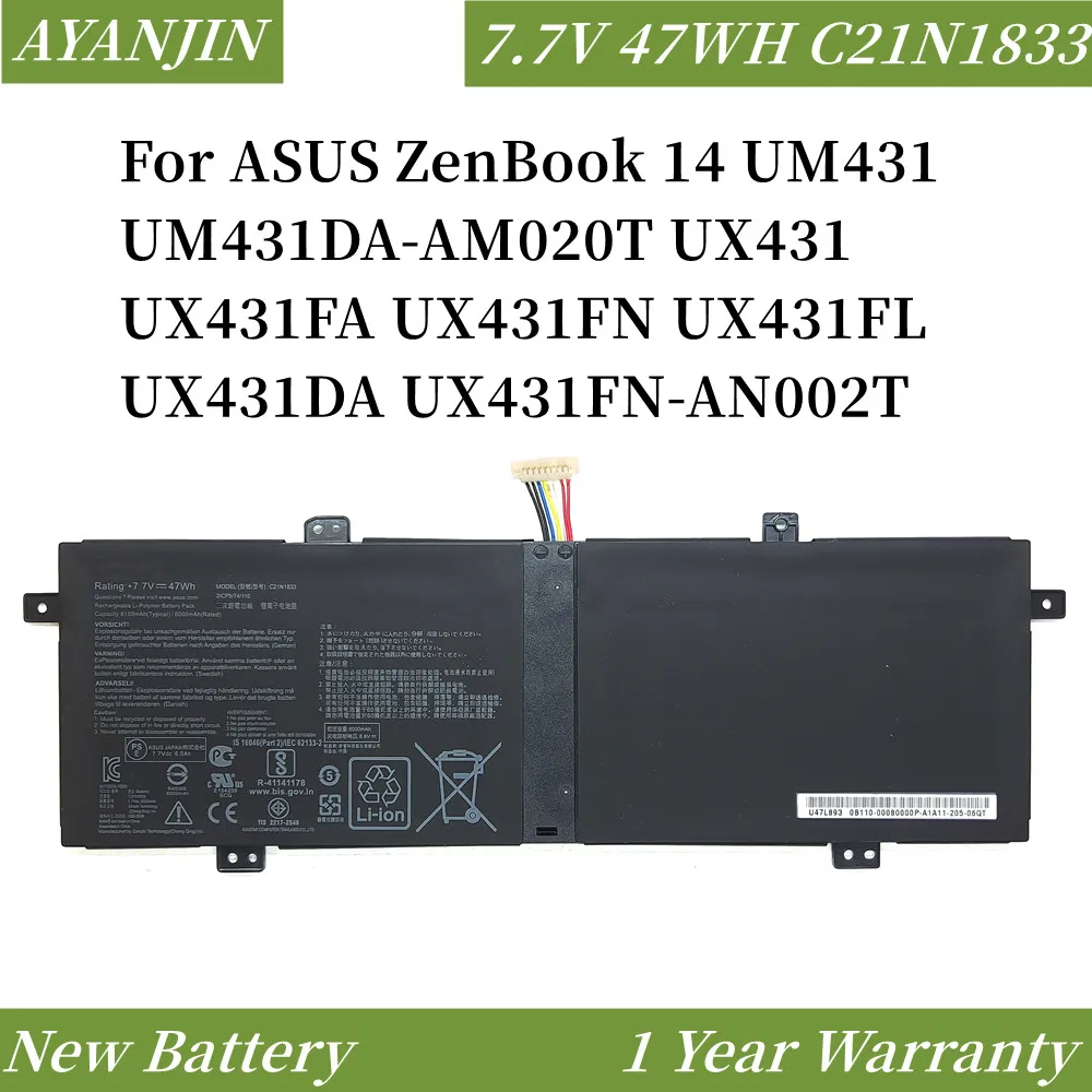 C21N1833 7.7V 47WH Laptop Battery For ASUS ZenBook 14 UM431 UM431DA-AM020T UX431 UX431FA UX431FN UX431FL UX431DA UX431FN-AN002T
C21N1833 7.7V 47WH Laptop Battery For ASUS ZenBook 14 UM431 UM431DA-AM020T UX431 UX431FA UX431FN UX431FL UX431DA UX431FN-AN002T