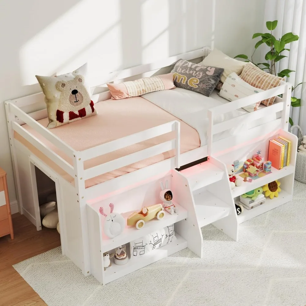 "wooden twin-size loft bed for kids with led lights, built-in bookcases, play area underneath, stairs, and safety rails - no box
"wooden twin-size loft bed for kids with led lights, built-in bookcases, play area underneath, stairs, and safety rails - no box