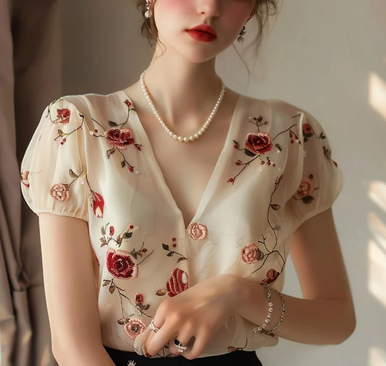 French High-End Floral Top Women's Summer Bubble Sleeves Short Sleeved V-Neck Shirt Semi Transparent Sexy Shirt Top
French High-End Floral Top Women's Summer Bubble Sleeves Short Sleeved V-Neck Shirt Semi Transparent Sexy Shirt Top