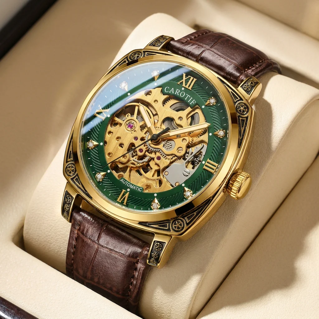 1pcs Men's green dial leather strap vintage fashion skeleton gear luxury details Mechanical Watch for business party holiday
1pcs Men's green dial leather strap vintage fashion skeleton gear luxury details Mechanical Watch for business party holiday