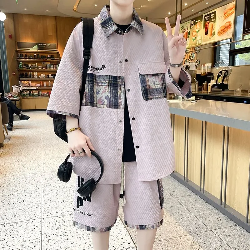 Mens Plaid Patchwork Two Piece Set Short Sleeve Shirt And Shorts Loose Fit For Summer
Mens Plaid Patchwork Two Piece Set Short Sleeve Shirt And Shorts Loose Fit For Summer