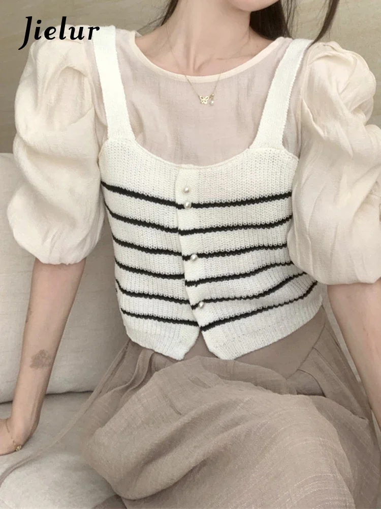 Jielur Summer New French Knitted Women Shirt Fake Two Piece Striped Sweet Shirt Woman Apricot Slim Chicly Ladies Top Female
Jielur Summer New French Knitted Women Shirt Fake Two Piece Striped Sweet Shirt Woman Apricot Slim Chicly Ladies Top Female