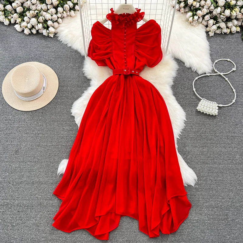 Summer Women Red/Purple/Blue/Yellow Stand Collar Hollow Out Off Shoulder Chiffon Party Dress Vintage Short Sleeve Irregular Robe
Summer Women Red/Purple/Blue/Yellow Stand Collar Hollow Out Off Shoulder Chiffon Party Dress Vintage Short Sleeve Irregular Robe