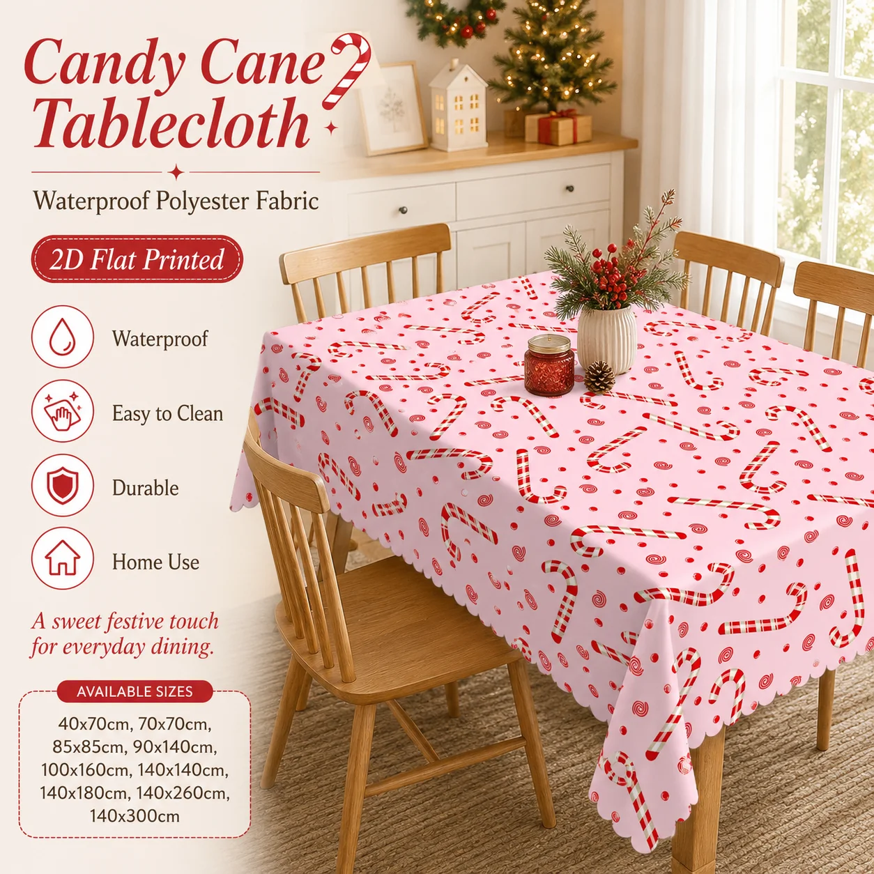 Christmas Candy Cane Waterproof Polyester Tablecloth 2D Flat Printed Festive Table Cover For Holiday Party Home Kitchen Decor
Christmas Candy Cane Waterproof Polyester Tablecloth 2D Flat Printed Festive Table Cover For Holiday Party Home Kitchen Decor