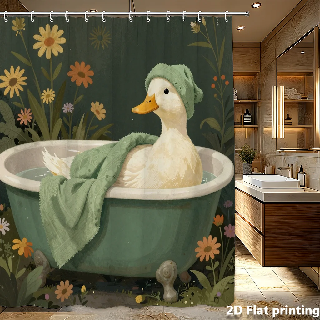Cute Duck in Bathtub Shower Curtain – Green Towel, Knit Cap & Wildflowers | 2D Flat Print, Waterproof, 70.8×70.8", 12 Hooks
Cute Duck in Bathtub Shower Curtain – Green Towel, Knit Cap & Wildflowers | 2D Flat Print, Waterproof, 70.8×70.8", 12 Hooks