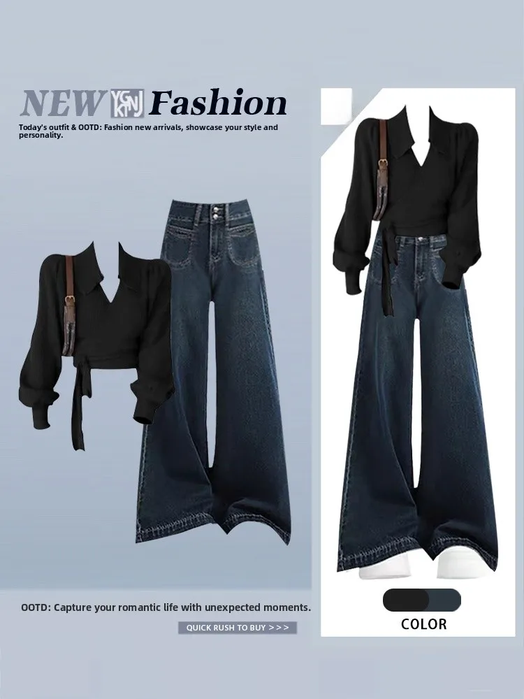 Fall Faionable Korean Sle High Waist Knitted Top And Jeans Two-Piece Set Women's Ele Slimming Tied Belted Ensemble
Fall Faionable Korean Sle High Waist Knitted Top And Jeans Two-Piece Set Women's Ele Slimming Tied Belted Ensemble
