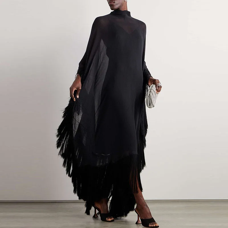 Black Tassel Patchwork Women's Party Dress Elegant Stand Collar Batwing Sleeves Loose Dress Sexy Perspective Pleated Long Dress
Black Tassel Patchwork Women's Party Dress Elegant Stand Collar Batwing Sleeves Loose Dress Sexy Perspective Pleated Long Dress