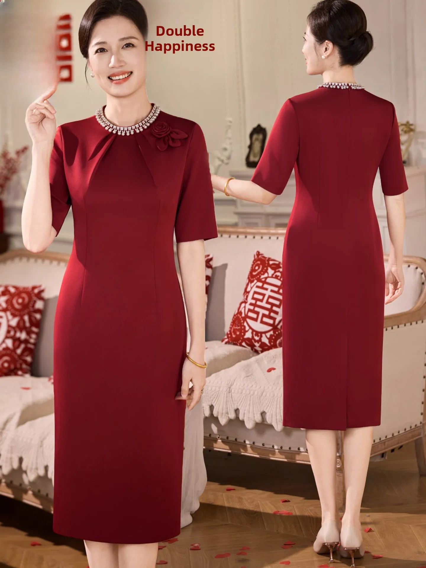 Elegant Wedding Dress Small Mom Acetate Skirt Spring Summer Handmade Flower Embellished Midi Dress for Mother of the Bride
Elegant Wedding Dress Small Mom Acetate Skirt Spring Summer Handmade Flower Embellished Midi Dress for Mother of the Bride
