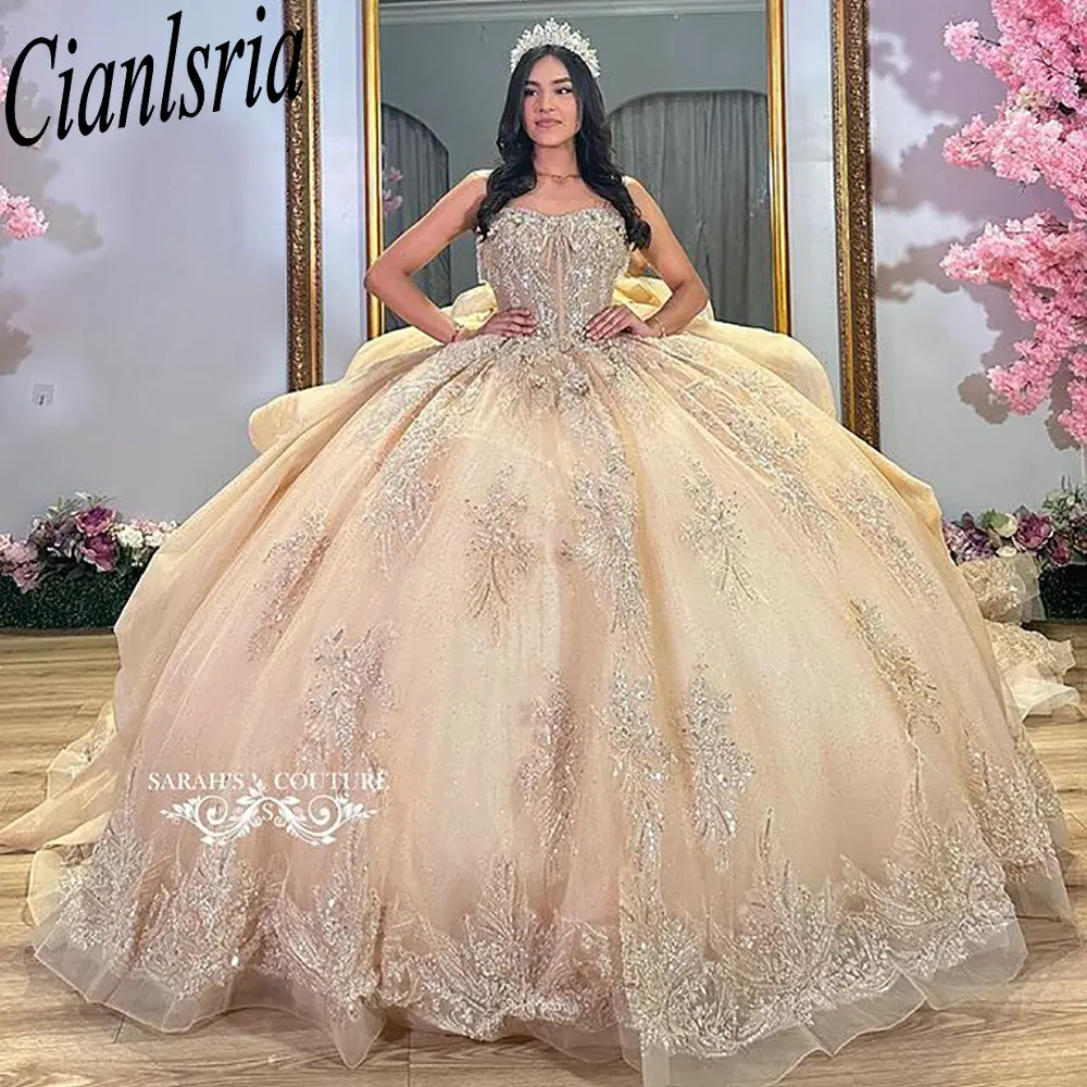 Champagne Sweetheart Ruffles Quinceanera Dresses Ball Gown Sequined Appliques Lace Customized Corset Vestidos De XV Anos
Champagne Sweetheart Ruffles Quinceanera Dresses Ball Gown Sequined Appliques Lace Customized Corset Vestidos De XV Anos