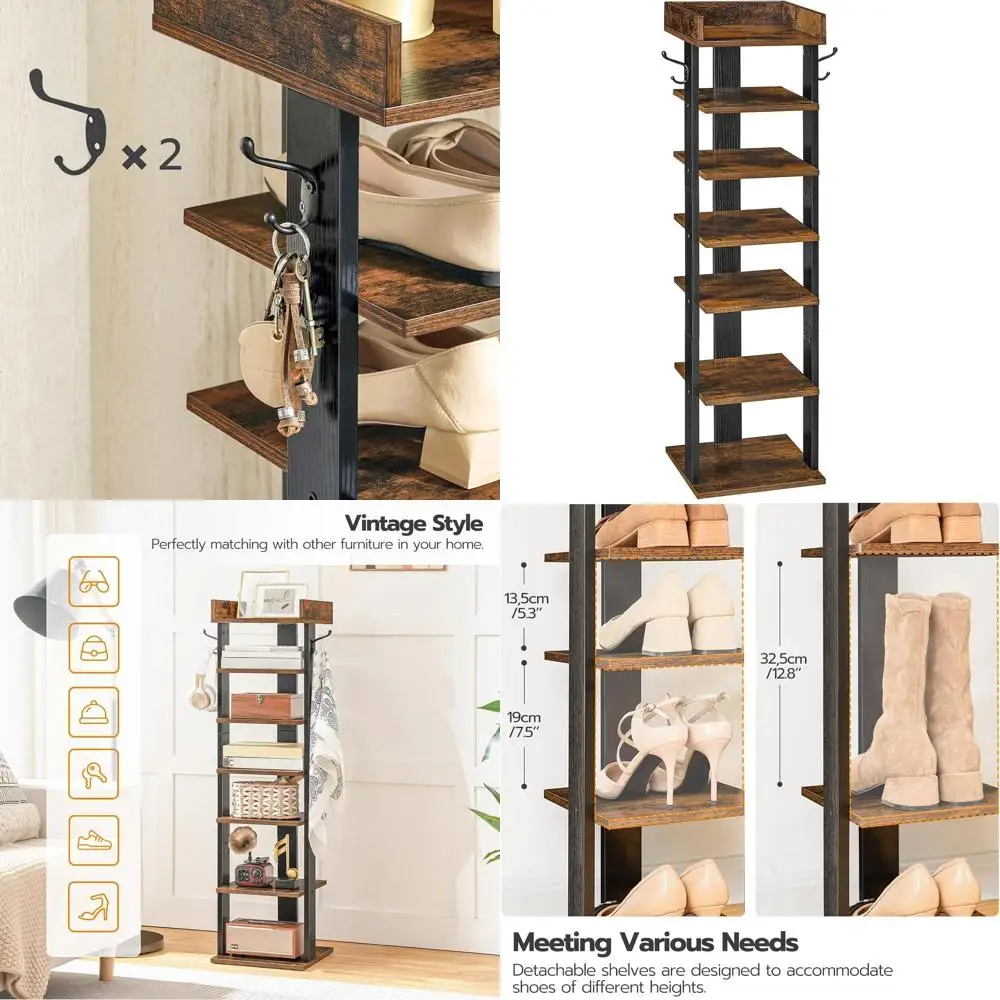 7-Tier Wooden Shoe Rack with Hooks for Entryway, Space-Saving Storage for 7 Pairs, Rustic Brown
7-Tier Wooden Shoe Rack with Hooks for Entryway, Space-Saving Storage for 7 Pairs, Rustic Brown