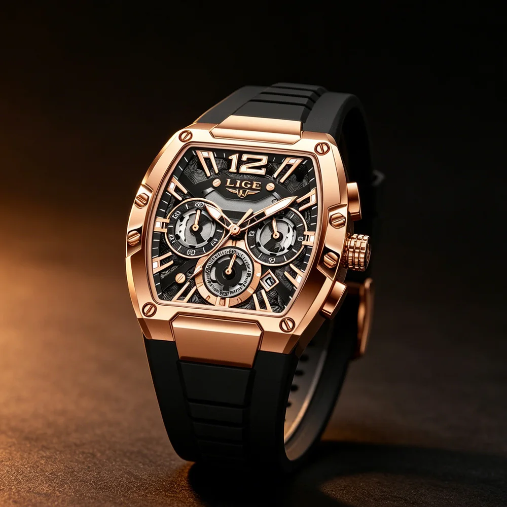 LIGE New Men's Watch Chronograph Quartz Tonneau Dial Golden Sports Clock Casual Fashion Silicone Strap Men Watch+Box
LIGE New Men's Watch Chronograph Quartz Tonneau Dial Golden Sports Clock Casual Fashion Silicone Strap Men Watch+Box