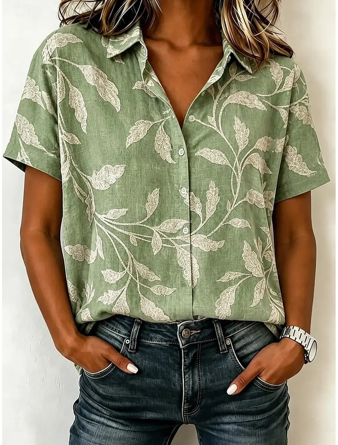 Women's Sage Green Leaf Print Button-Up Shirt, Casual Loose Blouse for Spring Summer Daily & Stylish Wear
Women's Sage Green Leaf Print Button-Up Shirt, Casual Loose Blouse for Spring Summer Daily & Stylish Wear