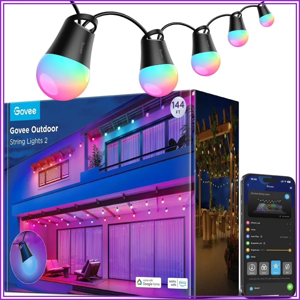 Smart Outdoor String Lights 144ft, Dimmable Warm White LED, 47 Scene Modes, IP65 Waterproof, Works with Alexa, App Control
Smart Outdoor String Lights 144ft, Dimmable Warm White LED, 47 Scene Modes, IP65 Waterproof, Works with Alexa, App Control
