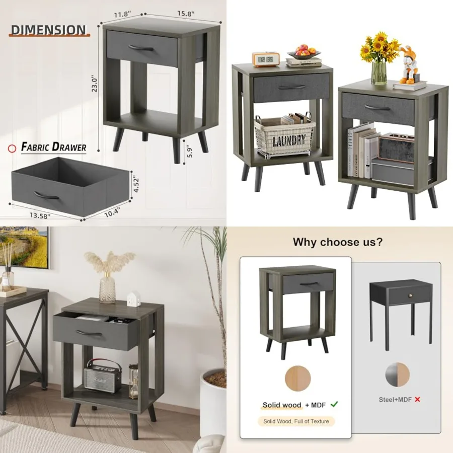 Nightstands Set of 2 with Black Fabric Storage Drawer and Open Wood Shelf, Side Table with Storage for Bedroom, Bedside Tables - Gray 23.7" H
Nightstands Set of 2 with Black Fabric Storage Drawer and Open Wood Shelf, Side Table with Storage for Bedroom, Bedside Tables - Gray 23.7" H
