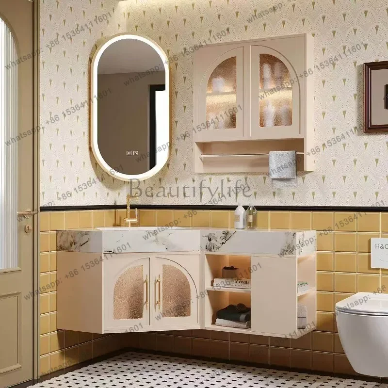 French retro style walnut rubber wood special-shaped corner triangular bathroom cabinet combination
French retro style walnut rubber wood special-shaped corner triangular bathroom cabinet combination