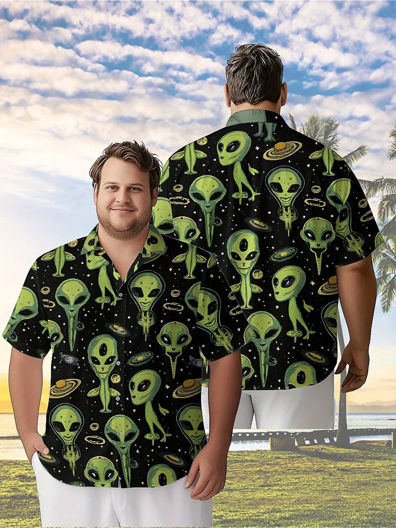 Men's Plus Size Hawaiian Shirts Interstellar Aliens Pattern, Button Up Shirts, Unisex Casual Clothing, Summer Tops
Men's Plus Size Hawaiian Shirts Interstellar Aliens Pattern, Button Up Shirts, Unisex Casual Clothing, Summer Tops
