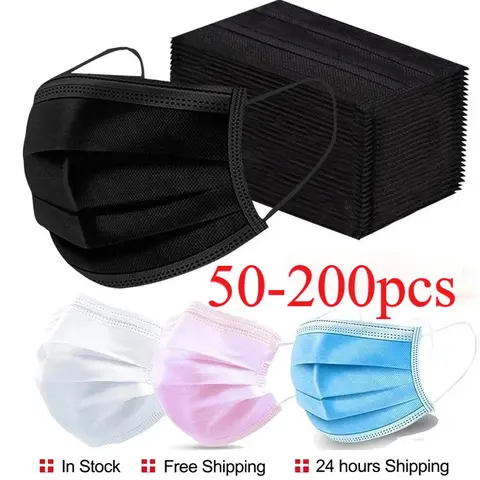 50/100/200pcs Disposable Surgical Mask Earloop Black Mouth Mask 3 Layers Meltblown Non-Woven Breathable Medical Face Mask