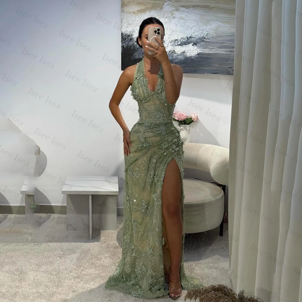 Green Evening Dresses Halter Neck Appliques 3D Flower Pleat Beading Prom Gown Split Mermaid Birthday Dresses 2026 Customized
Green Evening Dresses Halter Neck Appliques 3D Flower Pleat Beading Prom Gown Split Mermaid Birthday Dresses 2026 Customized