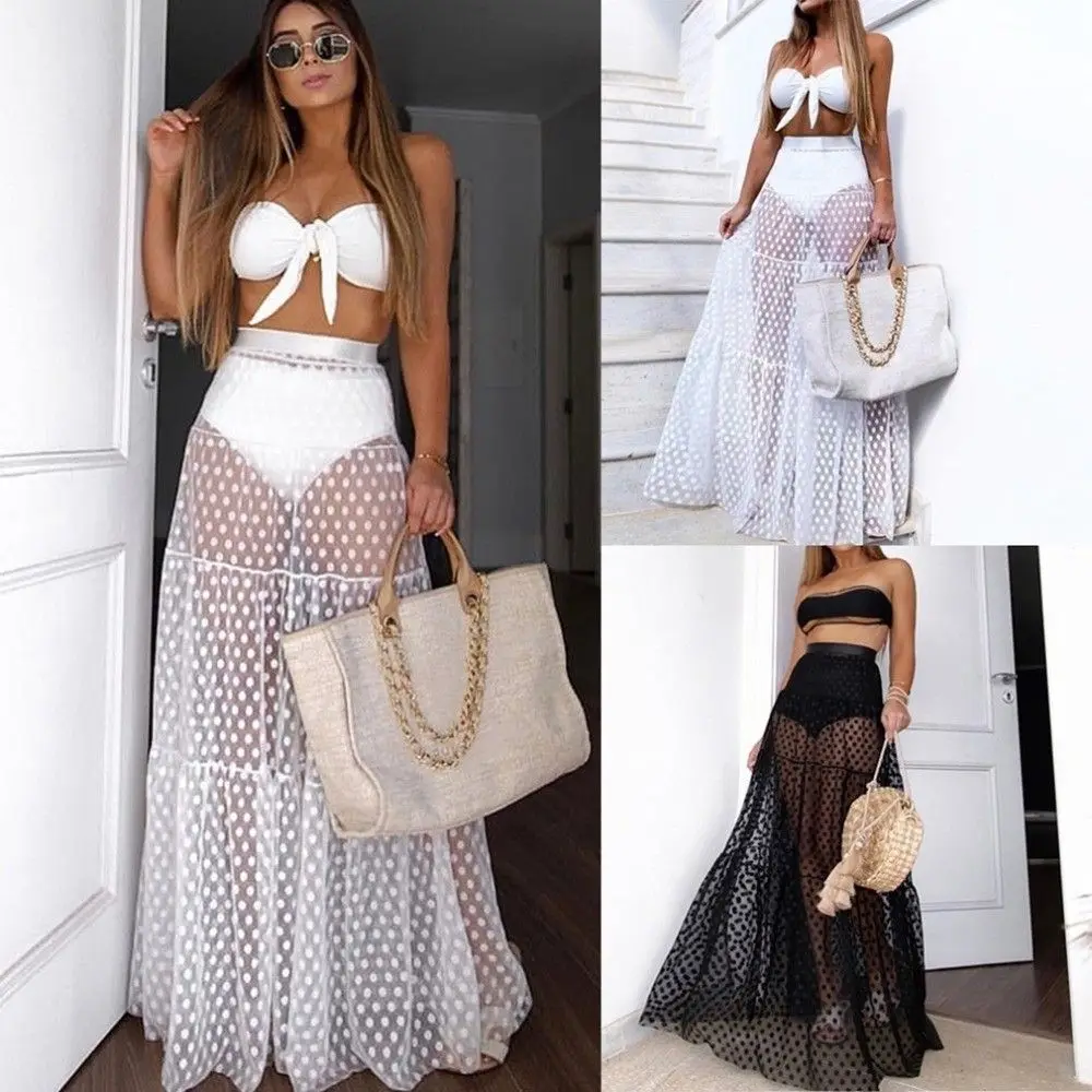 Trendy See-Through Mesh Maxi Skirt Sexy High Waist Beach Bikini Cover-up Flowy Polka Dot Sheer Skirt Summer
Trendy See-Through Mesh Maxi Skirt Sexy High Waist Beach Bikini Cover-up Flowy Polka Dot Sheer Skirt Summer