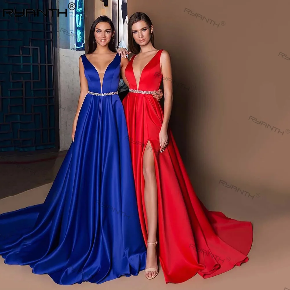Ryanth V-neck Side Slit Prom Dresses Simple V-neck Sleeveless Evening Dress Long Satin Beaded Royal Blue Party Gown Backless
Ryanth V-neck Side Slit Prom Dresses Simple V-neck Sleeveless Evening Dress Long Satin Beaded Royal Blue Party Gown Backless