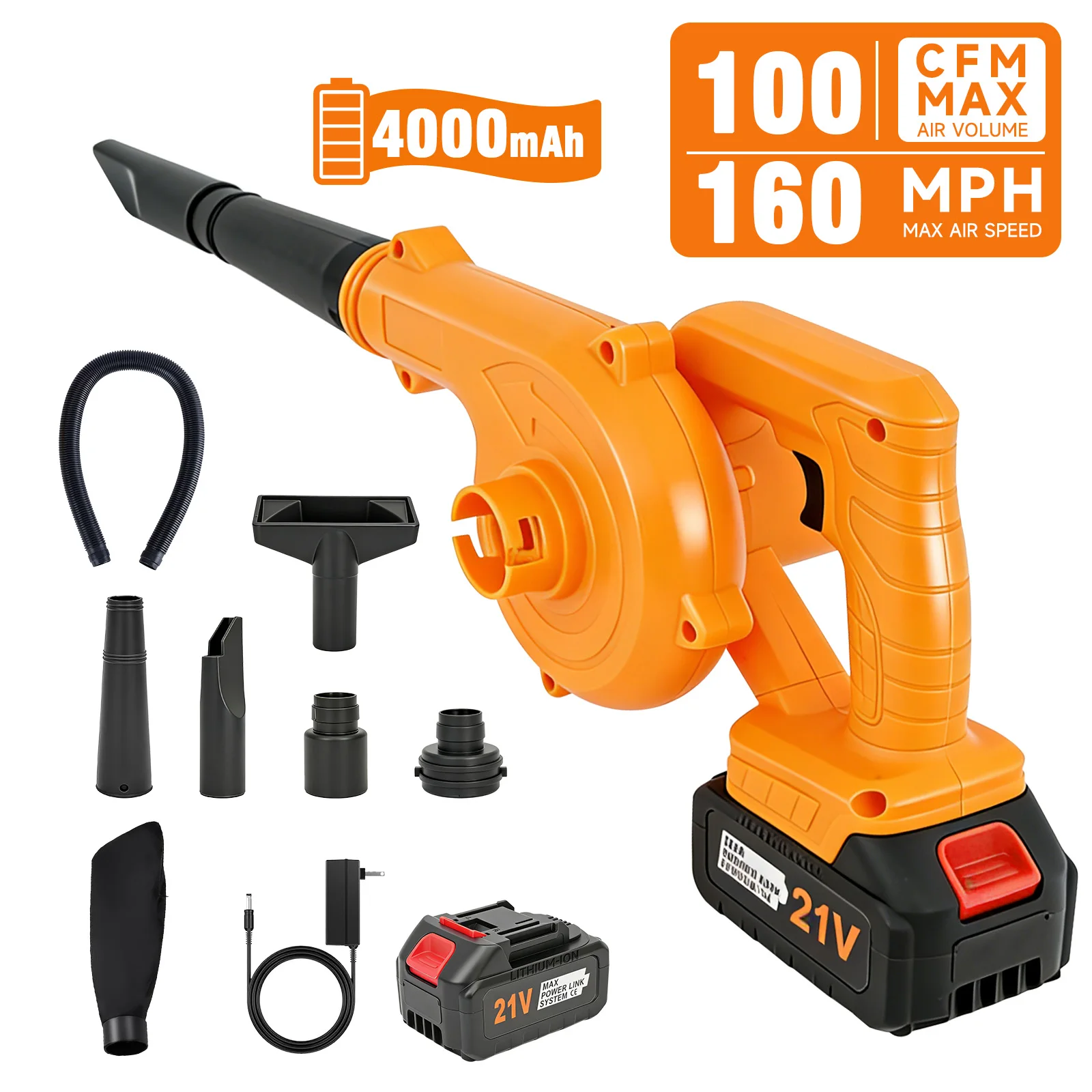 Аккумуляторный воздуходув-пылесос 2-в-1, 21 В, 100 куб. футов/мин, 160 миль/ч, легкий, электрический, с аккумулятором 4,0 Ач, для уборки листьев, дома и автомобиля
Аккумуляторный воздуходув-пылесос 2-в-1, 21 В, 100 куб. футов/мин, 160 миль/ч, легкий, электрический, с аккумулятором 4,0 Ач, для уборки листьев, дома и автомобиля